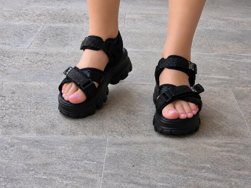 Sandale Damă Negre Platformă Chunky cu Paiete și Barete Reglabile Cod 450