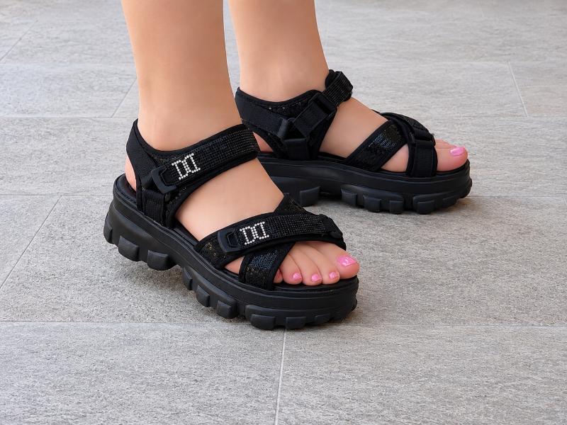 Sandale Damă Negre Platformă Chunky cu Paiete și Barete Reglabile Cod 450