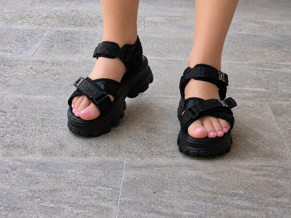 Sandale Damă Negre Platformă Chunky cu Paiete și Barete Reglabile Cod 450